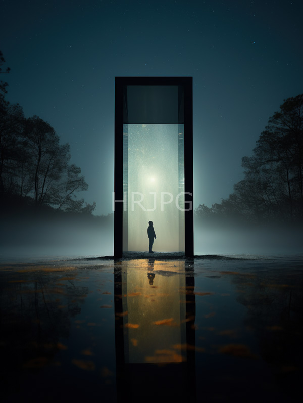 High Resolution: Ethereal misty night scene features a silhouetted human figure standing in front of a tall rectangular frame structure with an illuminated interior download. | HRJPG.com