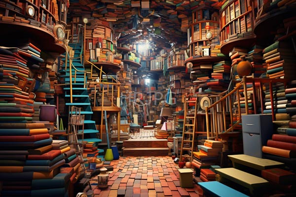 High Resolution: Intricately designed whimsical bookshop interior with colorful stacked books filling shelves and creating winding staircases under warm lighting download. | HRJPG.com