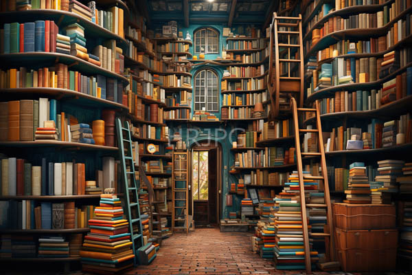 High Resolution: Enchanting vintage-style library with curved wooden bookshelves filled to capacity and stacked books with two ladders ascending towards arched windows in teal walls download. | HRJPG.com