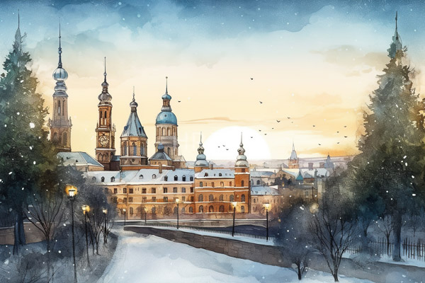 High Resolution: Watercolor painting of an enchanting winter cityscape at sunset features snow-covered buildings with blue and gold domes and a tall clock tower download. | HRJPG.com