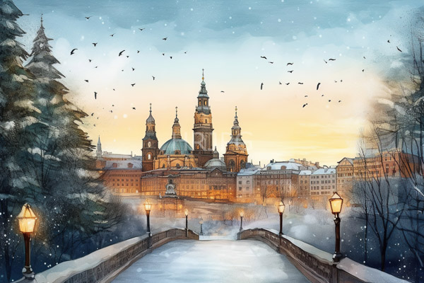 High Resolution: Icy snow-covered bridge leading to Prague's St Vitus Cathedral at sunset with illuminated street lamps and birds flying above against a twilight sky download. | HRJPG.com