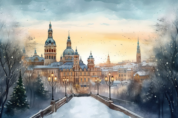 High Resolution: Watercolor painting of an enchanting winter cityscape at sunset features snow-covered buildings with domes and spires in warm golden hues against cool blue skies download. | HRJPG.com