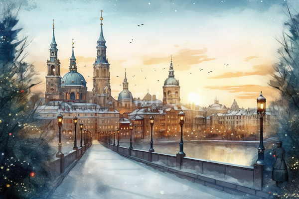 High Resolution: Watercolor painting depicts an enchanting winter evening in Prague featuring St Vitus Cathedral with its twin spires illuminated by sunset light over the Vltava River download. | HRJPG.com