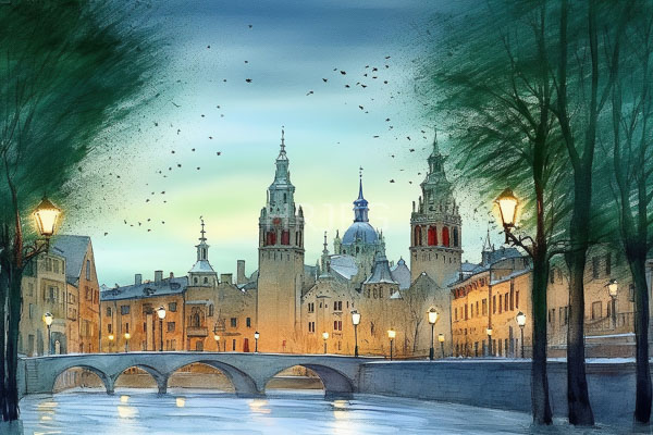 High Resolution: Watercolor painting of an evening cityscape features historic European architecture with tall ornate buildings and two prominent towers under twilight skies download. | HRJPG.com