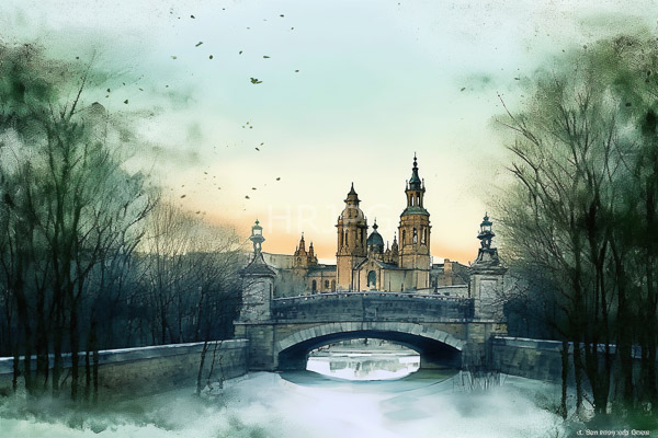 High Resolution: Watercolor-style painting of an ornate baroque cathedral with two prominent towers and intricate spires in soft sunset light framed by leafless trees download. | HRJPG.com