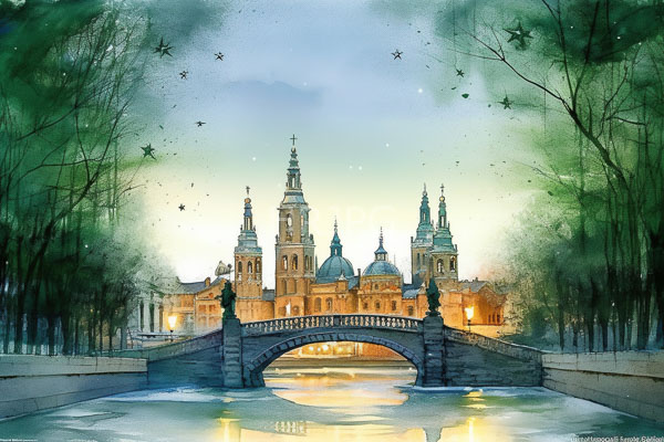 High Resolution: Watercolor painting of an illuminated baroque-style cathedral with multiple spires and domes viewed through a stone arch bridge over calm water at dusk download. | HRJPG.com