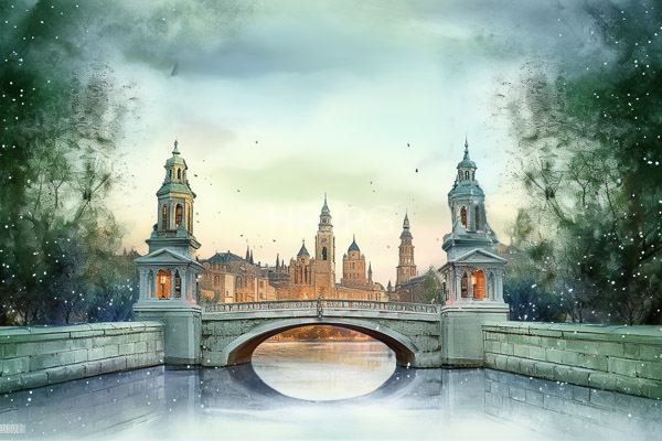 High Resolution: Ethereal watercolor-style painting depicts a serene river scene at dusk with snowflakes gently falling around ornate stone bridges flanking two towers download. | HRJPG.com
