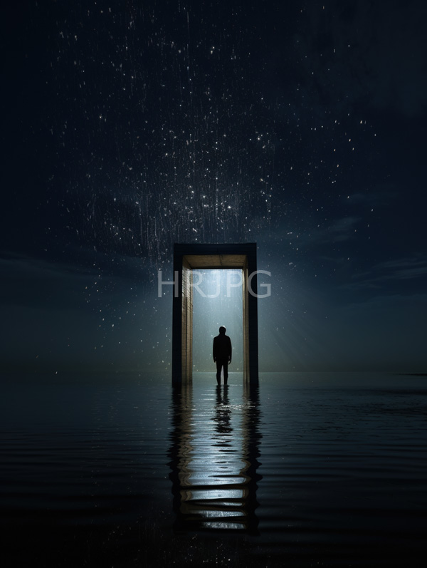 High Resolution: Silhouetted figure standing in an illuminated rectangular doorway centered against a dark night sky filled with sparkling stars and subtle clouds download. | HRJPG.com