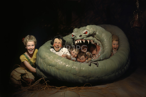 High Resolution: Dark realistic oil painting depicts six terrified children trapped inside an enormous green snake's open mouth in shadowy surroundings download. | HRJPG.com