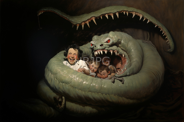 High Resolution: Dark oil-painted surreal artwork depicts four frightened children being coiled by an enormous green serpent-like creature in its mouth's shadowy depths download. | HRJPG.com