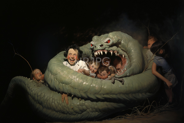 High Resolution: Dark dramatic painting depicts six terrified children being coiled by an enormous green serpent with sharp teeth and red eyes in its mouth's opening download. | HRJPG.com