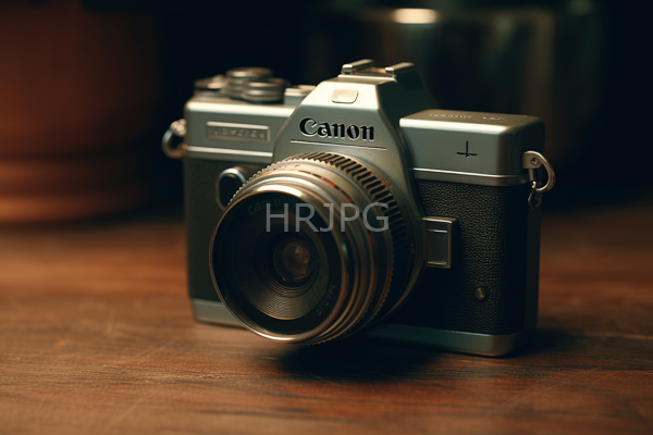 High Resolution: Old-fashioned silver and black Canon rangefinder camera with textured leather sides positioned on a wooden surface with the lens prominently in the foreground download. | HRJPG.com