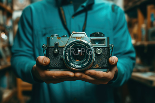 High Resolution: Individual with medium brown skin wears a teal hoodie and holds up a vintage silver camera adorned with rust spots in both hands download. | HRJPG.com