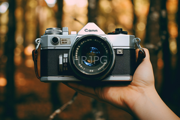 High Resolution: Adult hand holding a silver and black vintage Canon rangefinder camera with a large lens labeled 50mm f/1.8 against a blurred autumnal forest background download. | HRJPG.com