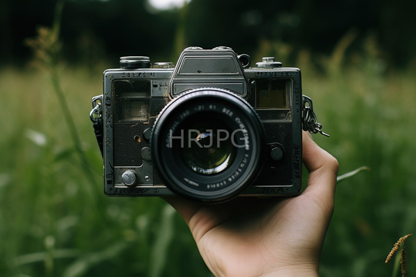 High Resolution: Old weathered black film camera with Contax branding held by a light-skinned hand in front of a blurred green grass and foliage background download. | HRJPG.com