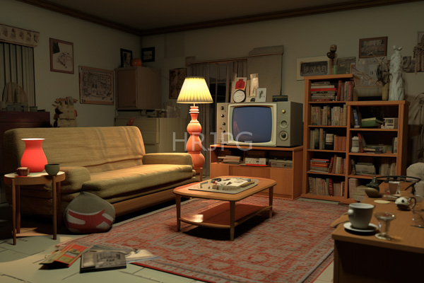 High Resolution: Vintage living room with warm dim lighting features a beige sofa green cushions a wooden TV stand holding an old CRT television and a red lampshade download. | HRJPG.com