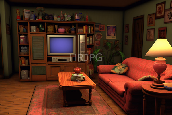 High Resolution: Warmly lit living room with green walls and wooden floors features an orange-red couch adorned by patterned pillows and a round table holding a lamp download. | HRJPG.com