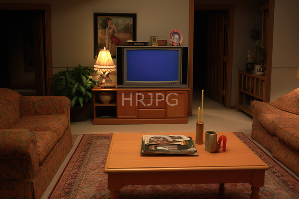 High Resolution: Dim-lit living room with two patterned orange sofas a wooden coffee table and candles on a red rug with a vintage CRT TV centered against a beige wall download. | HRJPG.com