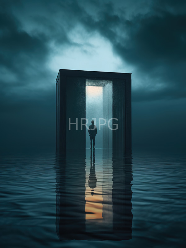 High Resolution: Isolated silhouetted figure stands in front of a rectangular structure with open doors on calm water at dusk or dawn with reflections rippling across the surface download. | HRJPG.com
