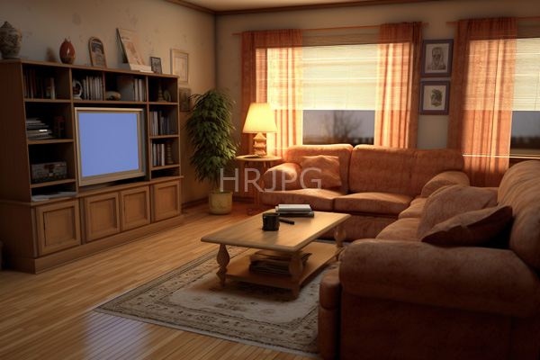 High Resolution: Cozy living room with a wooden floor a beige carpeted area around a brown L-shaped sofa set facing a wood coffee table and a large bookshelf holding a TV displaying a blue screen download. | HRJPG.com