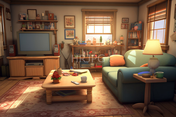 High Resolution: Cozy living room with warm sunlight streaming through two windows illuminating a blue-green sofa adorned by orange pillows and a wooden coffee table with a TV set flanked by speakers download. | HRJPG.com
