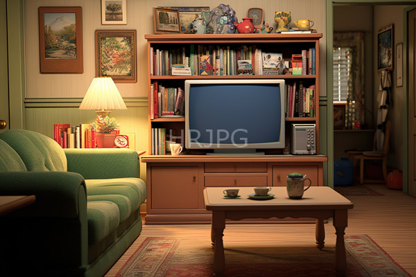 High Resolution: Cozy living room with a green upholstered sofa a wooden coffee table holding two teacups and an ornate pitcher on a patterned rug with a large CRT television centered in a wood bookshelf download. | HRJPG.com