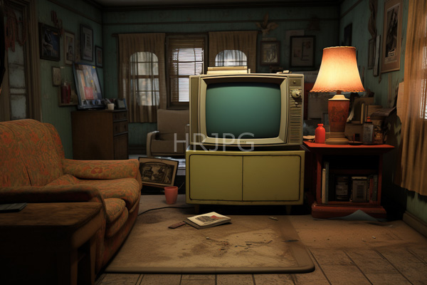 High Resolution: Old cluttered living room with teal walls and wooden floors features a vintage green-and-beige CRT TV on a yellow cabinet beside a red lampshade-lit side table download. | HRJPG.com