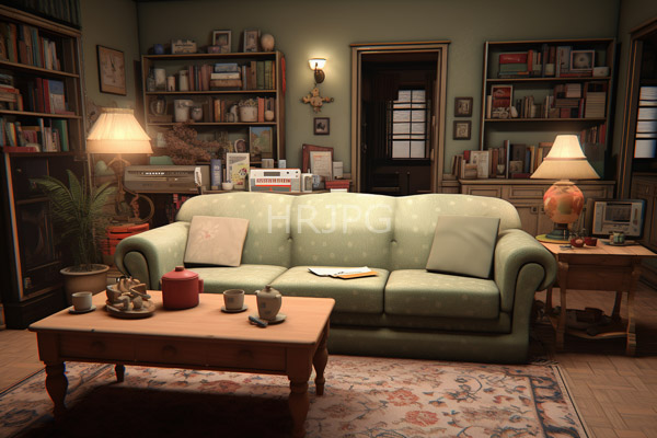 High Resolution: Vintage living room features a green polka-dotted sofa a wooden coffee table with teacups and a red pot beside lit lamps and filled bookshelves download. | HRJPG.com