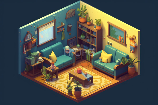 High Resolution: Colorful top-down illustration of a cozy island-style living room with vibrant turquoise and yellow walls and two teal sofas adorned with colorful pillows download. | HRJPG.com