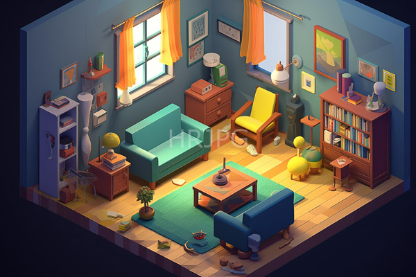 High Resolution: Digital isometric drawing depicts a cozy sunlit living room with blue walls wooden floors and scattered toys on an orange rug beneath two teal sofas download. | HRJPG.com