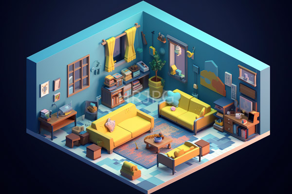 High Resolution: Top-down illustration of a cozy living room in vibrant colors with blue walls checkered floor tiles and two yellow sofas on patterned rugs download. | HRJPG.com