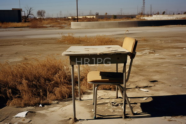 High Resolution: Abandoned sunlit outdoor area features weathered metal and wooden furniture a small square table and two yellow-cushioned chairs on cracked concrete pavement download. | HRJPG.com