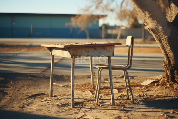 High Resolution: Old rusted metal school desk and chair standing on cracked asphalt beside a leafless tree in sunlight with a blurred blue building in the background download. | HRJPG.com