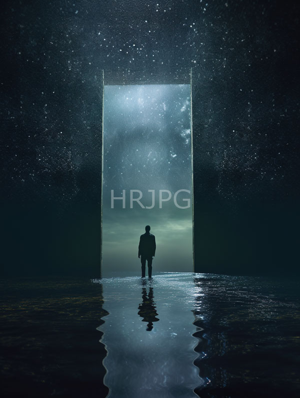 High Resolution: Silhouetted man stands in shallow water facing an illuminated doorway that reveals a starry sky and cloudy horizon with his reflection visible below download. | HRJPG.com