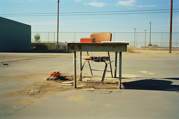 High Resolution: Outdoor sunlit parking lot features a weathered metal table with rust patches and one brown wooden chair with a red plastic bag on the ground download. | HRJPG.com