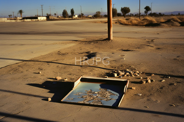 High Resolution: Empty sunlit parking lot with cracked asphalt and scattered small rocks with a broken rectangular glass plate lying on the ground reflecting light patterns download. | HRJPG.com