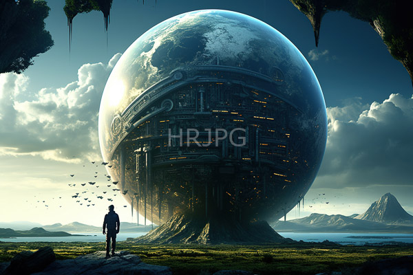 High Resolution: Enormous spherical planetoid with intricate mechanical structures and glowing lights stands on rocky terrain near water under cloudy skies download. | HRJPG.com