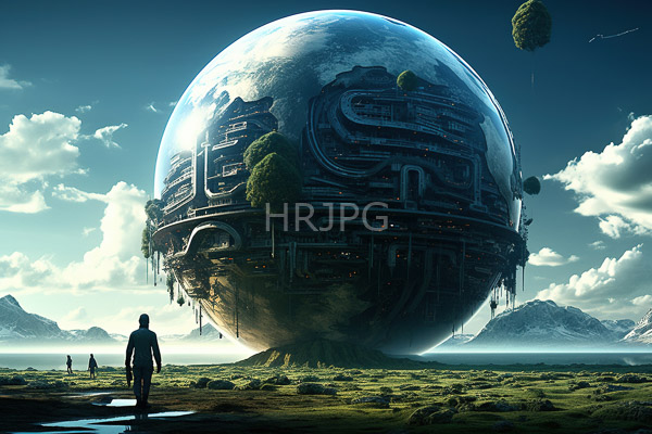High Resolution: Enormous spherical planet with intricate mechanical structures and lush greenery on its surface floats in space with a lone figure observing from ground level download. | HRJPG.com