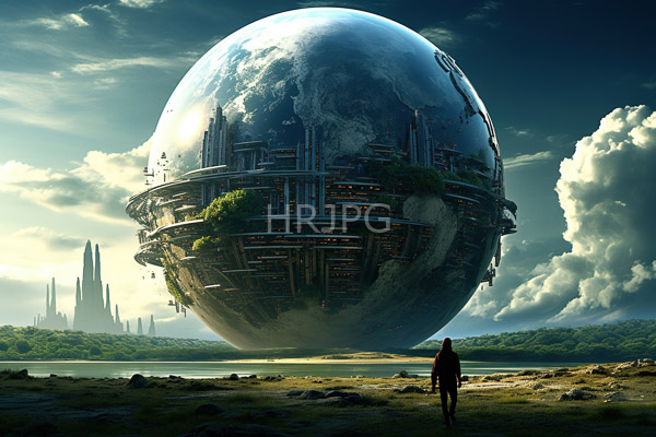 High Resolution: Enormous spherical city floating in space with intricate buildings and greenery on its surface reflecting Earth's continents under clear skies download. | HRJPG.com