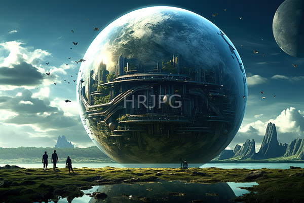 High Resolution: Enormous reflective planet with intricate cityscape details on its surface with three small human figures standing in the foreground near water download. | HRJPG.com
