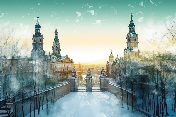 High Resolution: Icy snow-covered courtyard leading to grand baroque-style buildings with green and gold domes at sunset framed by leafless trees under warm yellow light download. | HRJPG.com