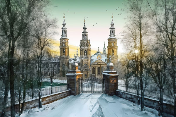 High Resolution: Ornate baroque-style church with three tall towers and intricate detailing in winter with snow-covered ground and trees flanking iron gates download. | HRJPG.com