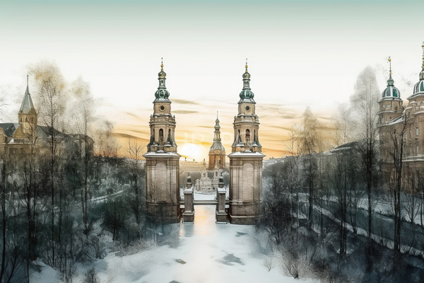 High Resolution: Ethereal winter scene features twin baroque-style stone towers with green copper domes centered in front of a snow-covered bridge at sunset download. | HRJPG.com