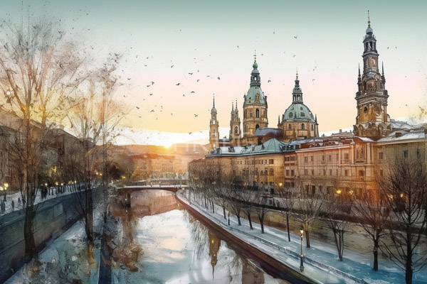 High Resolution: Prague at sunset features snow-covered buildings with ornate spires and domes along the Vltava River with bare trees and birds flying across the pastel-colored sky download. | HRJPG.com