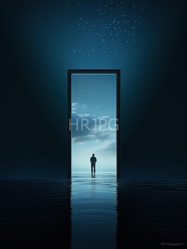 High Resolution: Ethereal silhouetted figure stands in shallow water at night within a tall rectangular frame opening leading to a starry sky and cloudy horizon download. | HRJPG.com