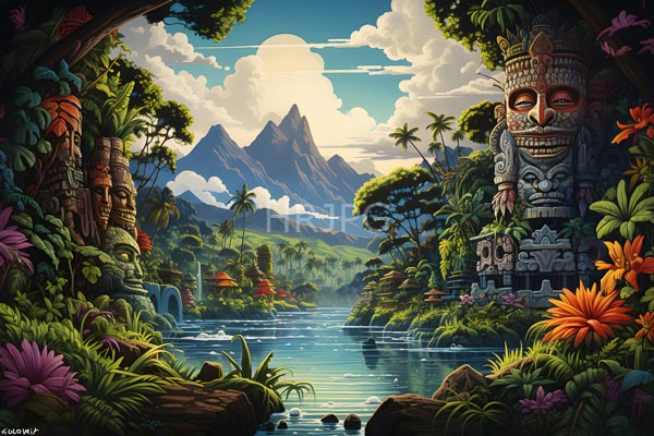 High Resolution: Enchanting jungle scene with vibrant colorful flowers and lush greenery framing two intricately carved stone masks on either side of a tranquil river download. | HRJPG.com
