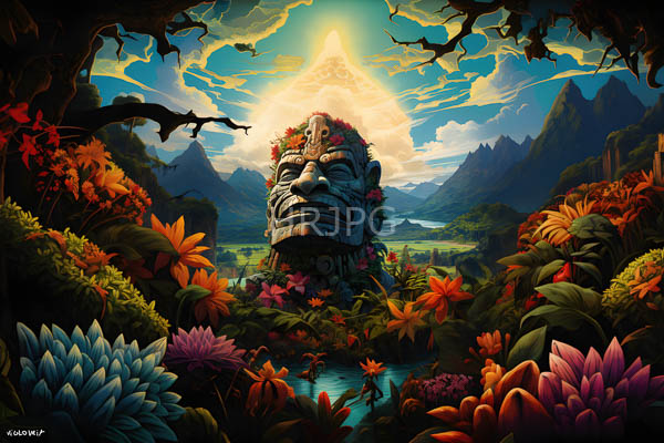 High Resolution: Fantasy artwork depicts an ancient stone tiger statue adorned with flowers centered in vibrant jungle foliage near a small stream under bright sunlight download. | HRJPG.com