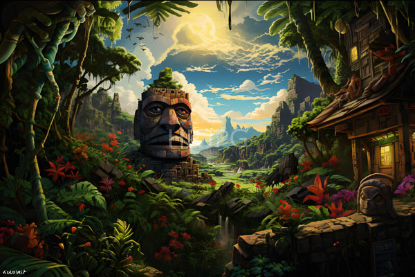 High Resolution: Fantasy artwork depicts an ancient stone statue with tribal features resembling Mayan artistry surrounded by lush jungle vegetation and vibrant red flowers download. | HRJPG.com