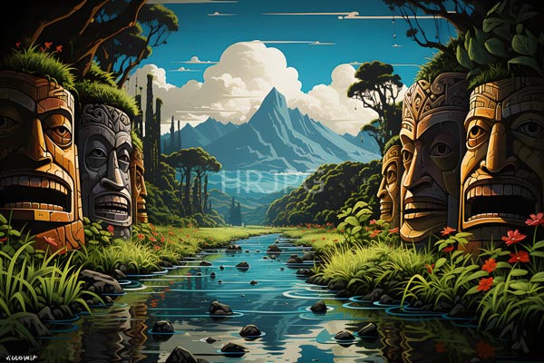 High Resolution: Two large intricately carved wooden masks on either side of a clear stream with rocks and red flowers in lush greenery with towering mountains in the background download. | HRJPG.com