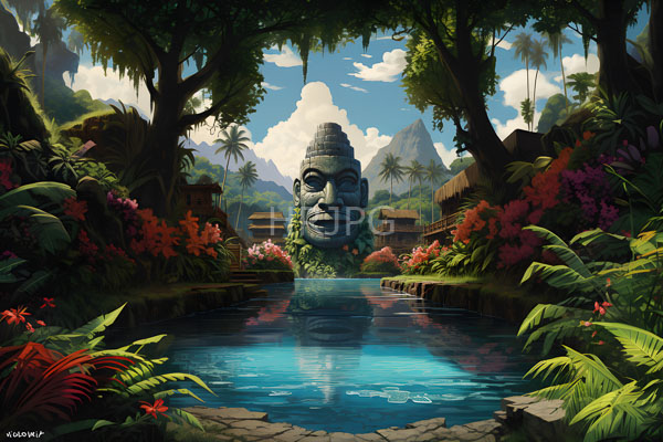 High Resolution: Ancient stone-faced statue with large eyes and prominent features emerging from a reflective pond in a lush tropical jungle surrounded by vibrant red flowers download. | HRJPG.com